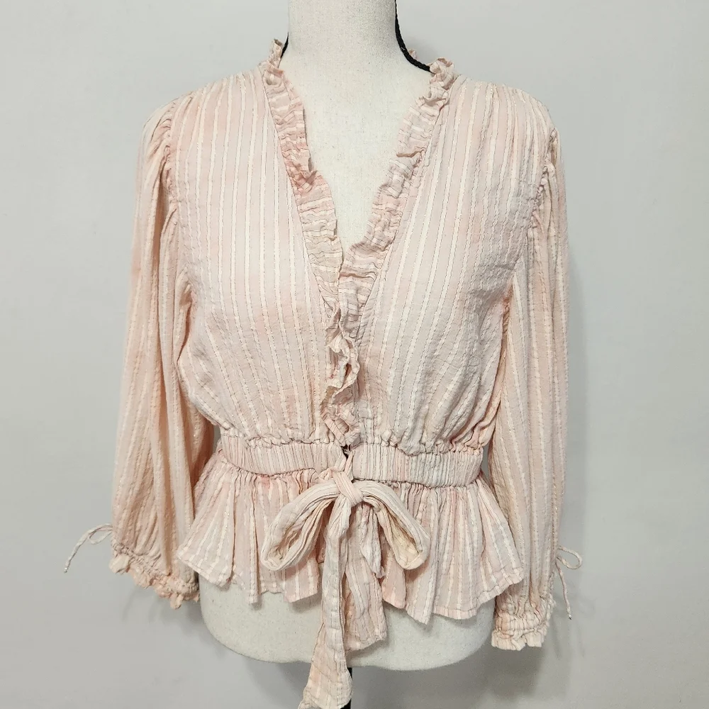 Cleobella Revolve Pink Cloud Cropped Ruffle Tie Front Top Shirt Puff Sleeve - Picture 3 of 13